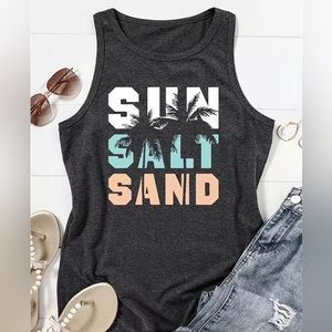 Sun Salt Sand Print Tank Top, Casual Sleeveless Crew Neck Beach Tank Top, Yoga
